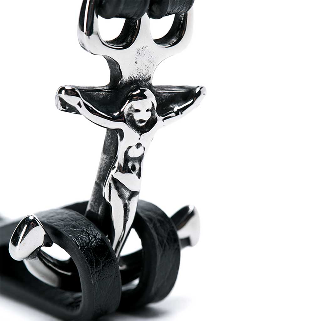 Pulsera de Cuero Negro con Ancla y Crucifijo Plateado