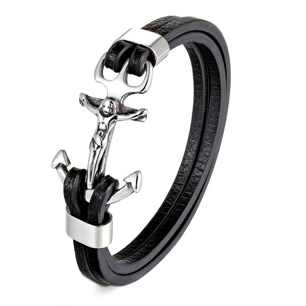 Pulsera de Cuero Negro con Ancla y Crucifijo Plateado