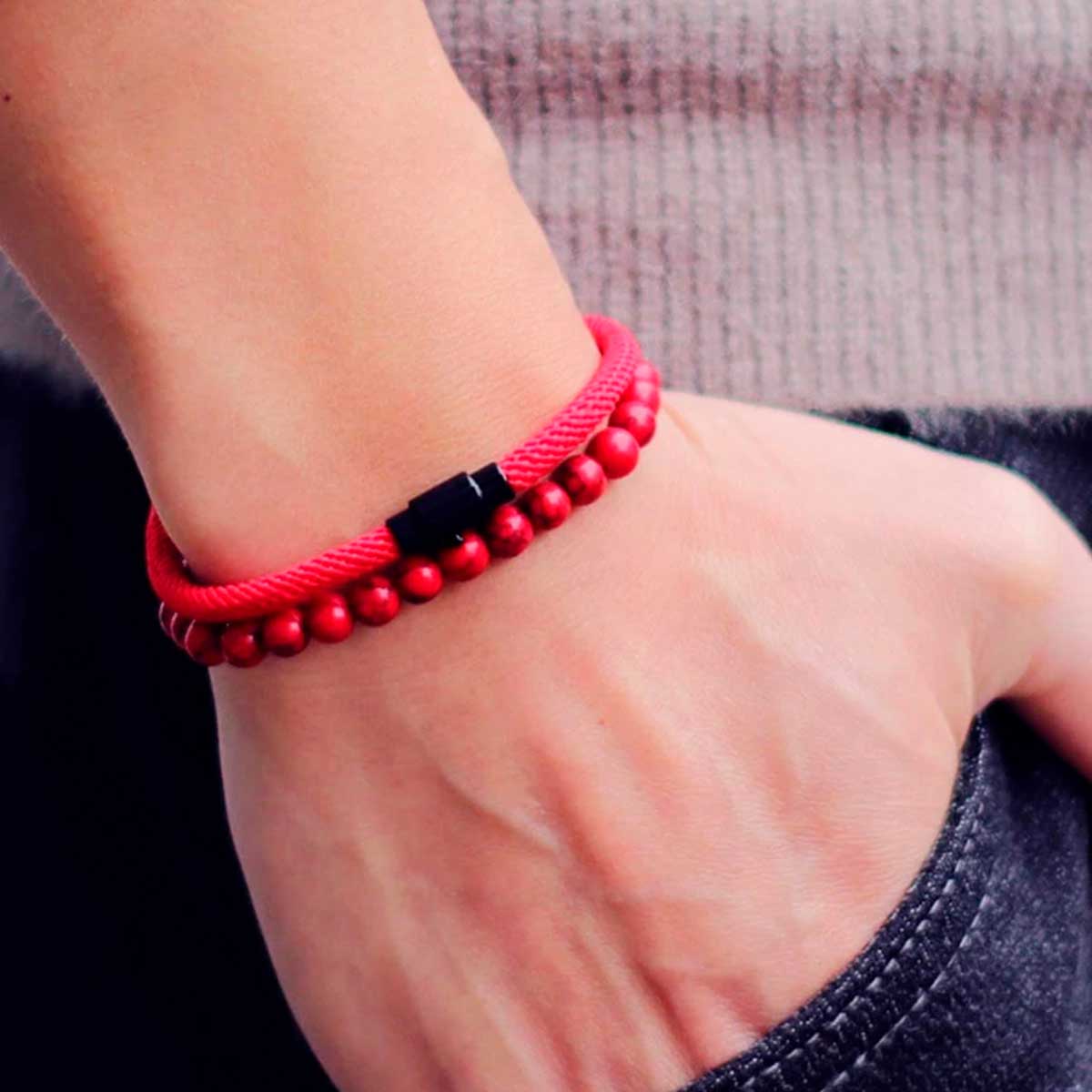 Pulseras Rojas Cordón con Broche y Pulsera Howlita Elástica