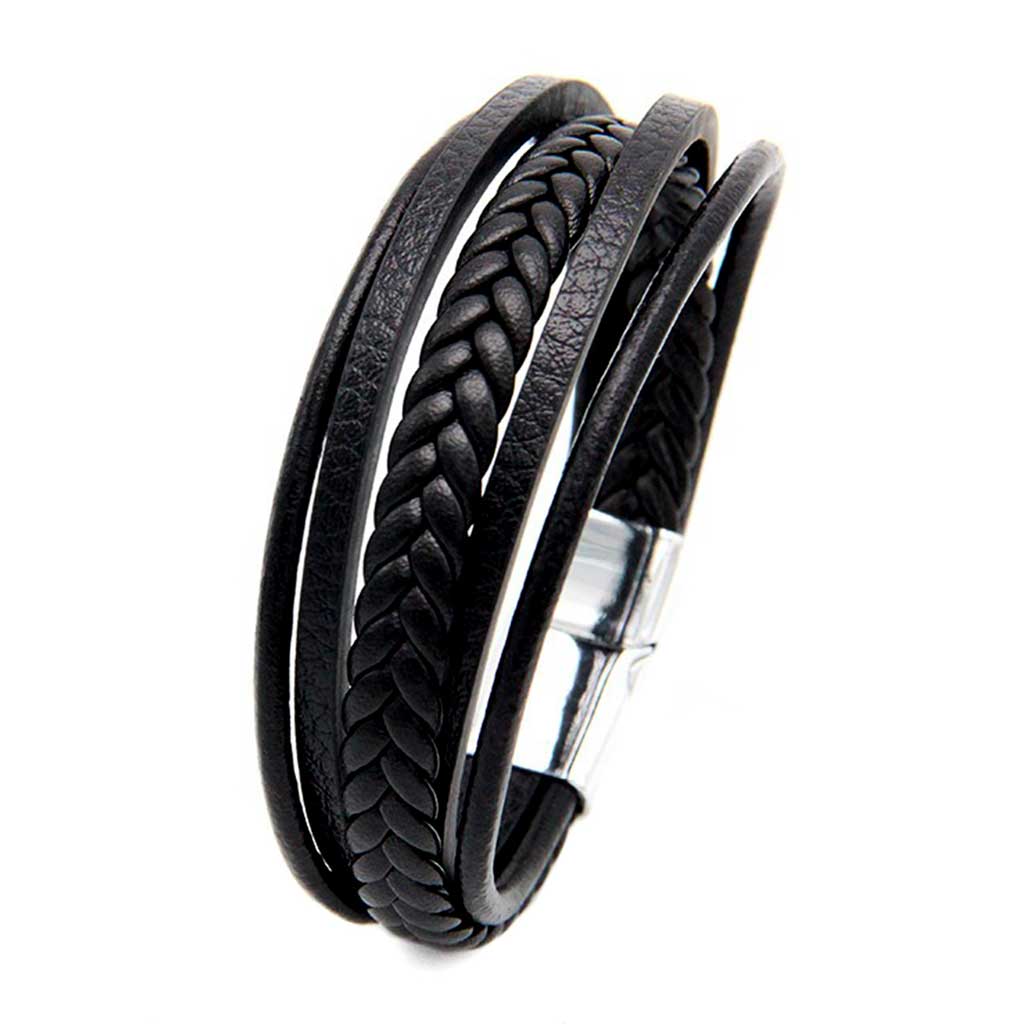 Pulsera 5 Líneas de Cuero Negro diferentes Estilos con Broche