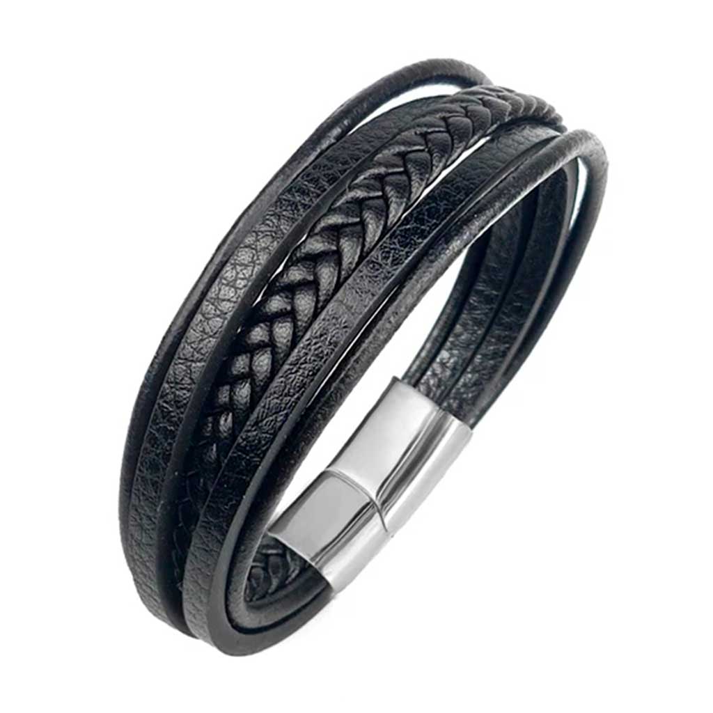 Pulsera 5 Líneas de Cuero Negro diferentes Estilos con Broche