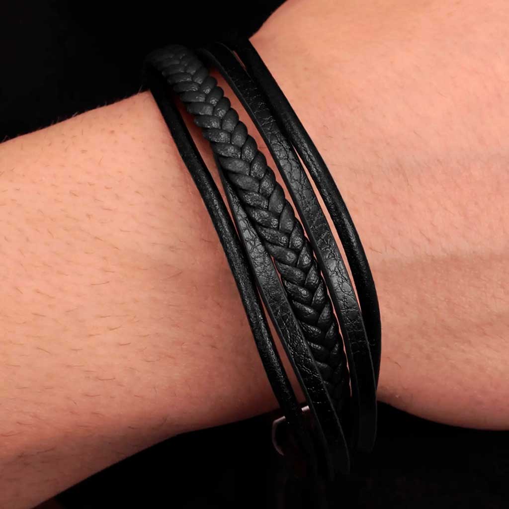 Pulsera 5 Líneas de Cuero Negro diferentes Estilos con Broche