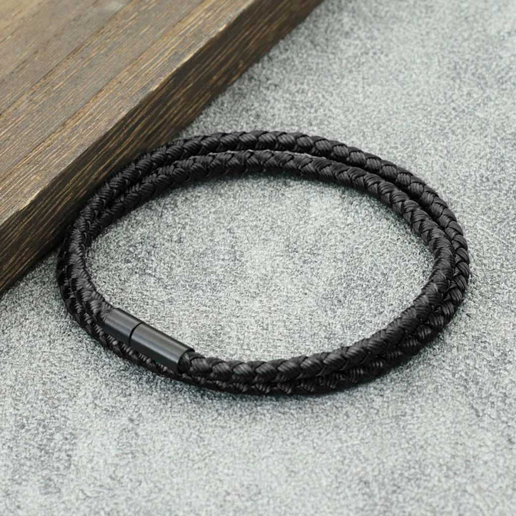 Pulsera de Cuerda Negra Larga con Broche a Presión