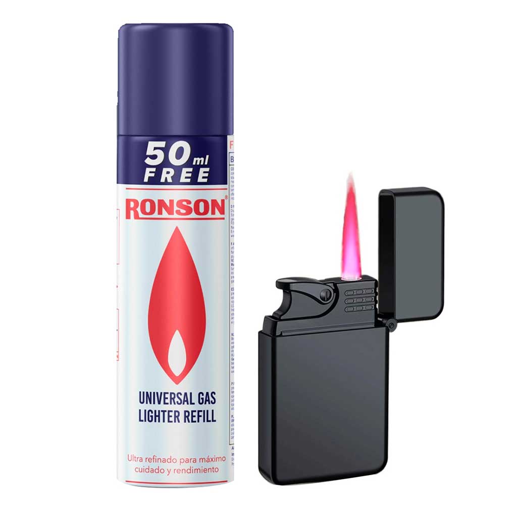 Encendedor Negro tipo Soplete + Recarga Gas Ronson 300ml