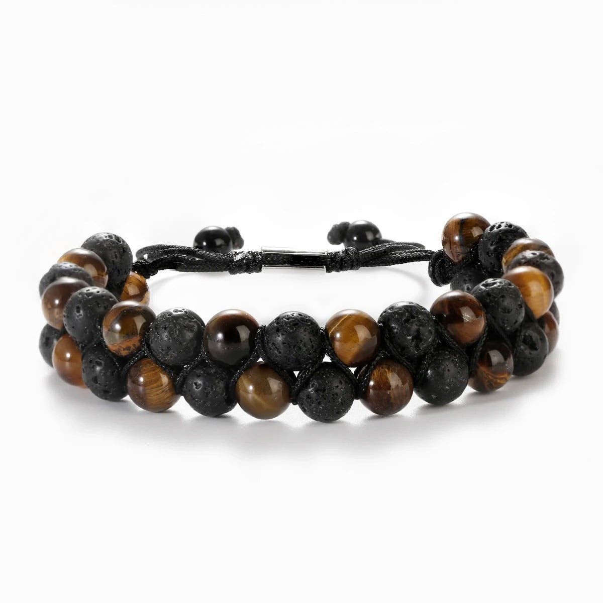 Pulsera Doble Piedras Naturales Ojo de Tigre Ónix Volcánica