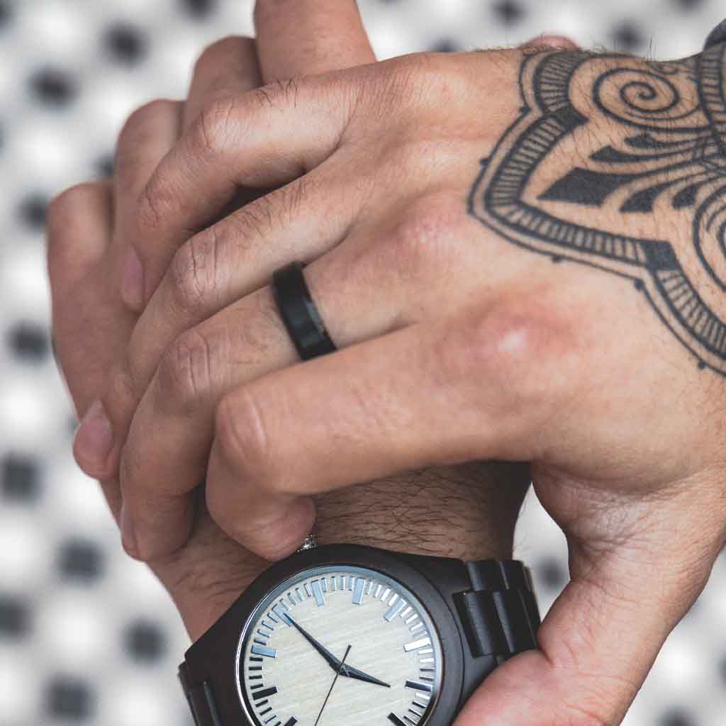 Anillo Negro Acero Liso Biselado Hombre Mujer