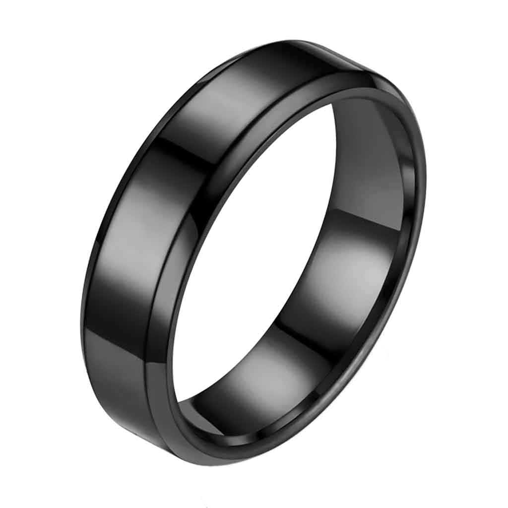 Anillo Negro Acero Liso Biselado Hombre Mujer