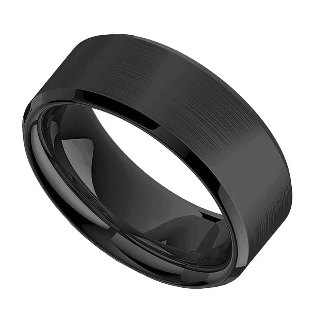 Anillo Negro Acero Liso Biselado Hombre Mujer