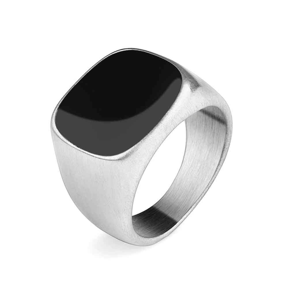 Anillo Hombre de Acero Color Plata Sello Esmalte Negro