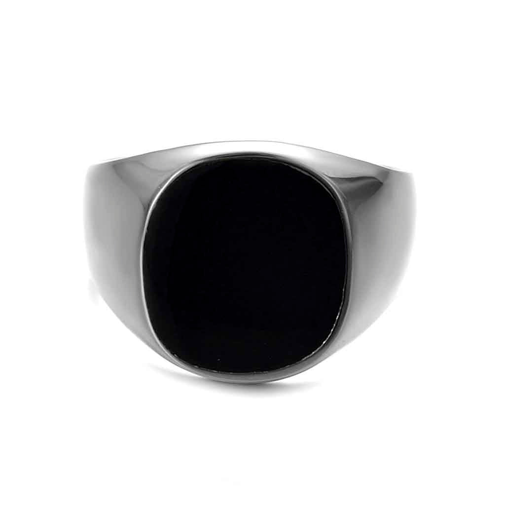 Anillo Hombre de Acero Color Plata Sello Esmalte Negro