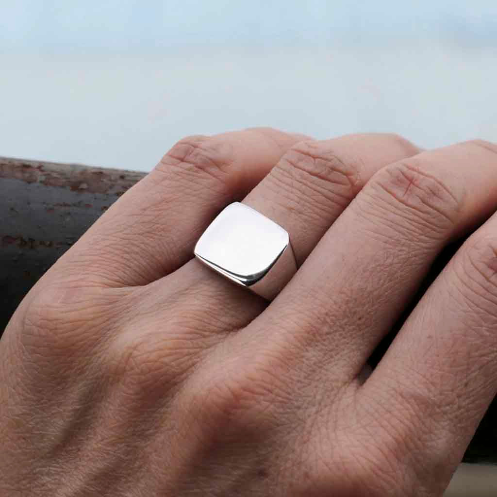 Anillos Hombre Acero Color Plata Sello Cuadrado