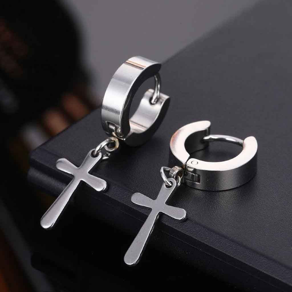 Pack 3 Pares de Aros Acero Huggie con Cruz, Túnel y Aros a presión