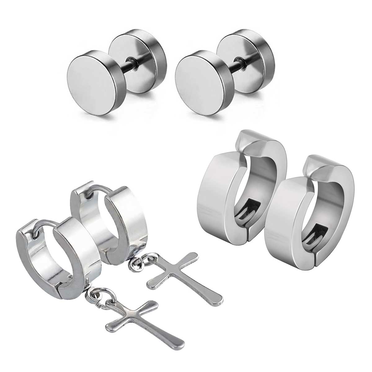 Pack 3 Pares de Aros Acero Huggie con Cruz, Túnel y Aros a presión