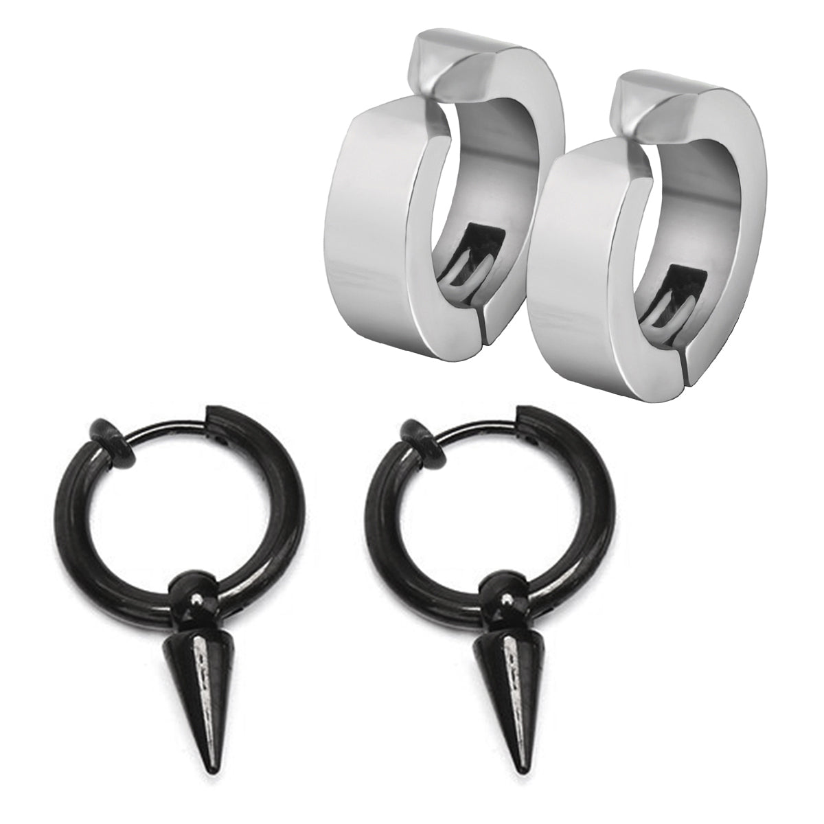 Pack 2 Pares Aros Argollas a Presión Plateadas y Negras