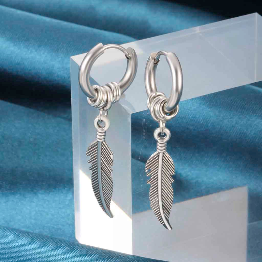 Aros Mujer Hombre Argolla Pluma Colgante Plata