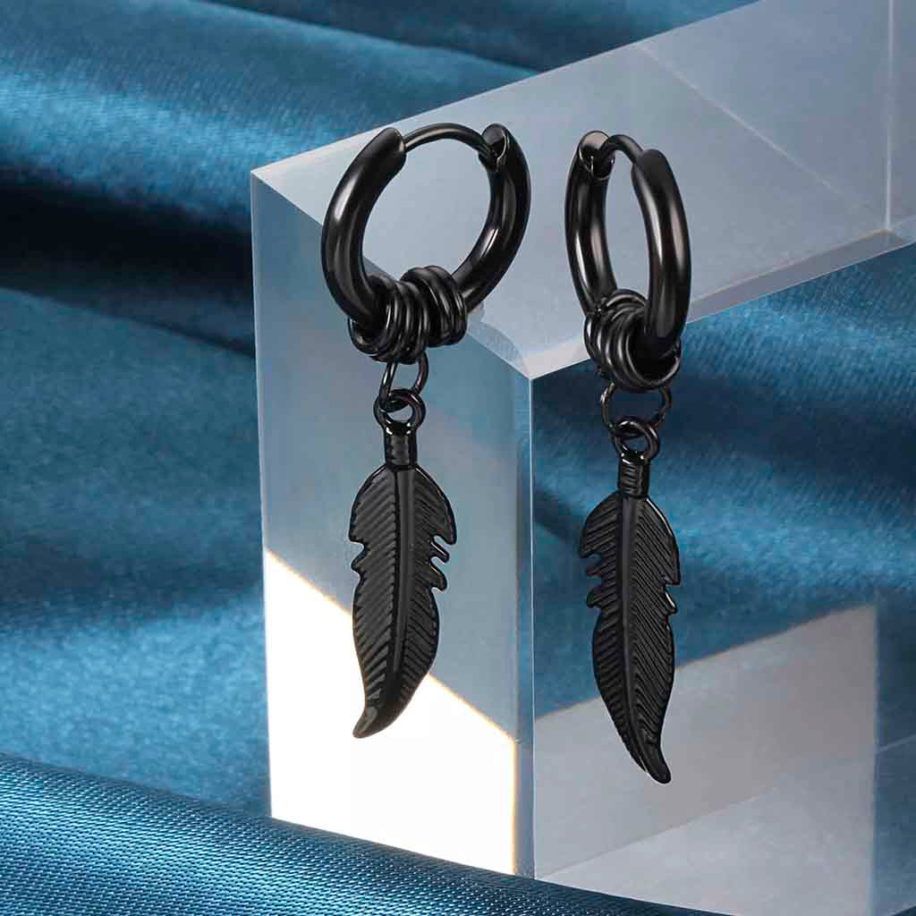 Aros Argolla Mujer Hombre Colgantes Pluma Negro