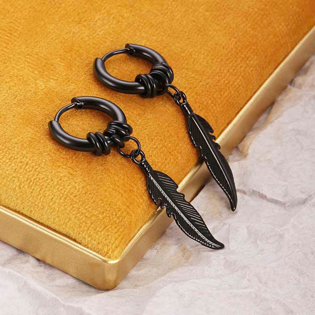 Aros Argolla Mujer Hombre Colgantes Pluma Negro