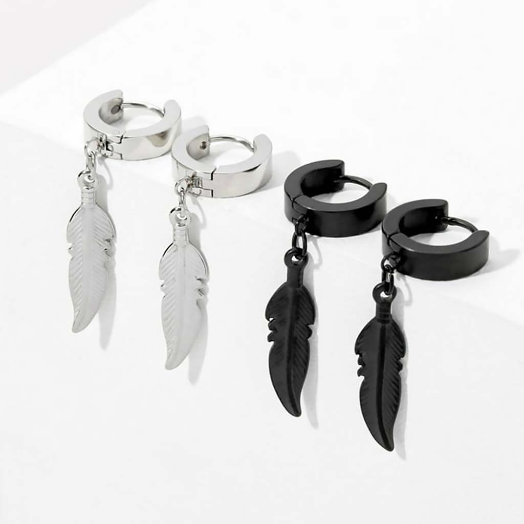 Aro Argolla Huggie Acero Negro con Pluma