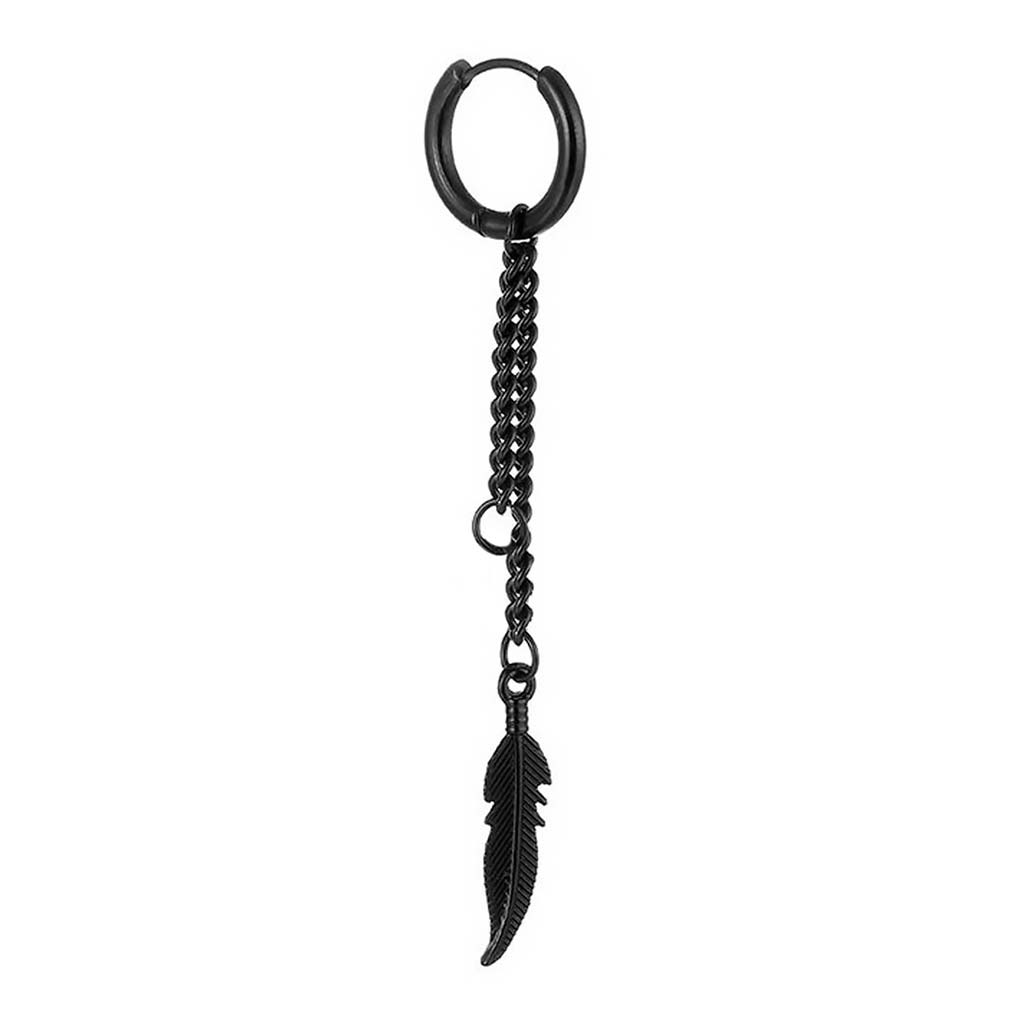 Aro Argolla Piercing Acero Negro Cadena y Pluma Colgante