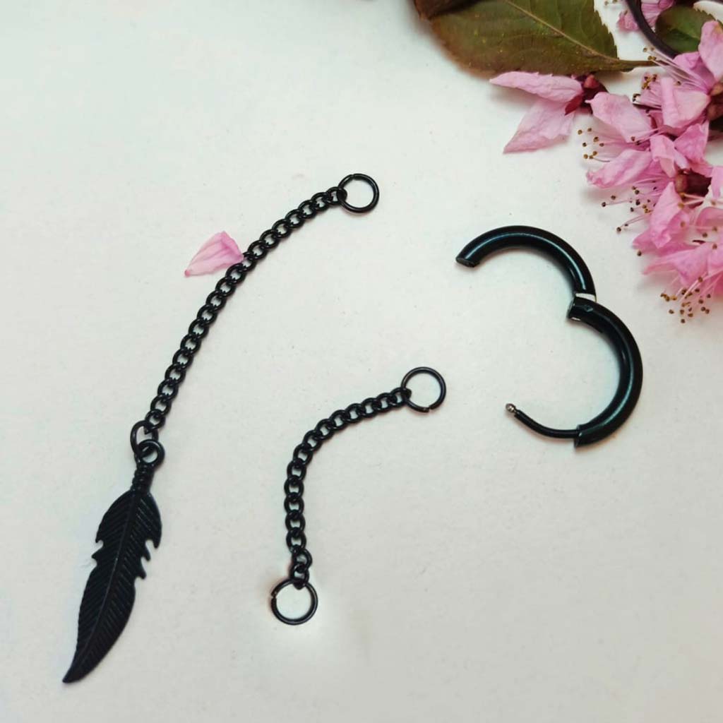 Aro Argolla Piercing Acero Negro Cadena y Pluma Colgante