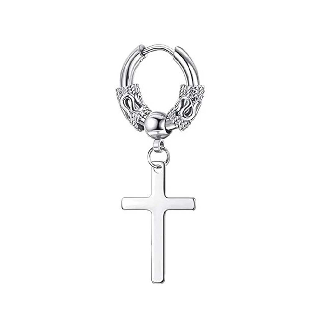 Aro Acero Argolla color Plata con Cruz y Dijes
