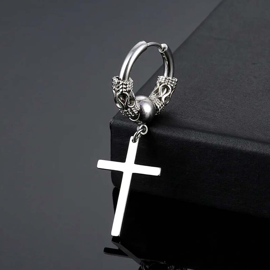 Aro Acero Argolla color Plata con Cruz y Dijes