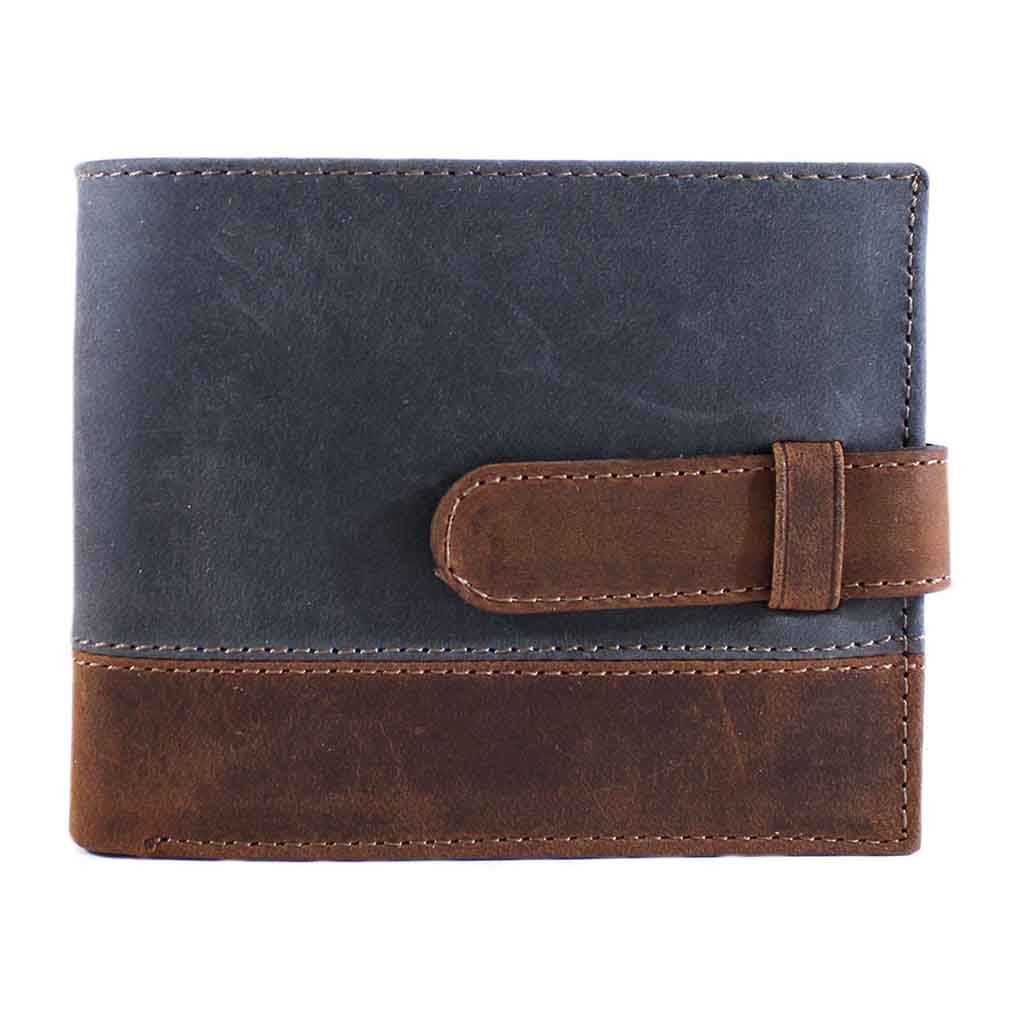 Billetera Hombre Cuero Tarjetero Azul Con Correa