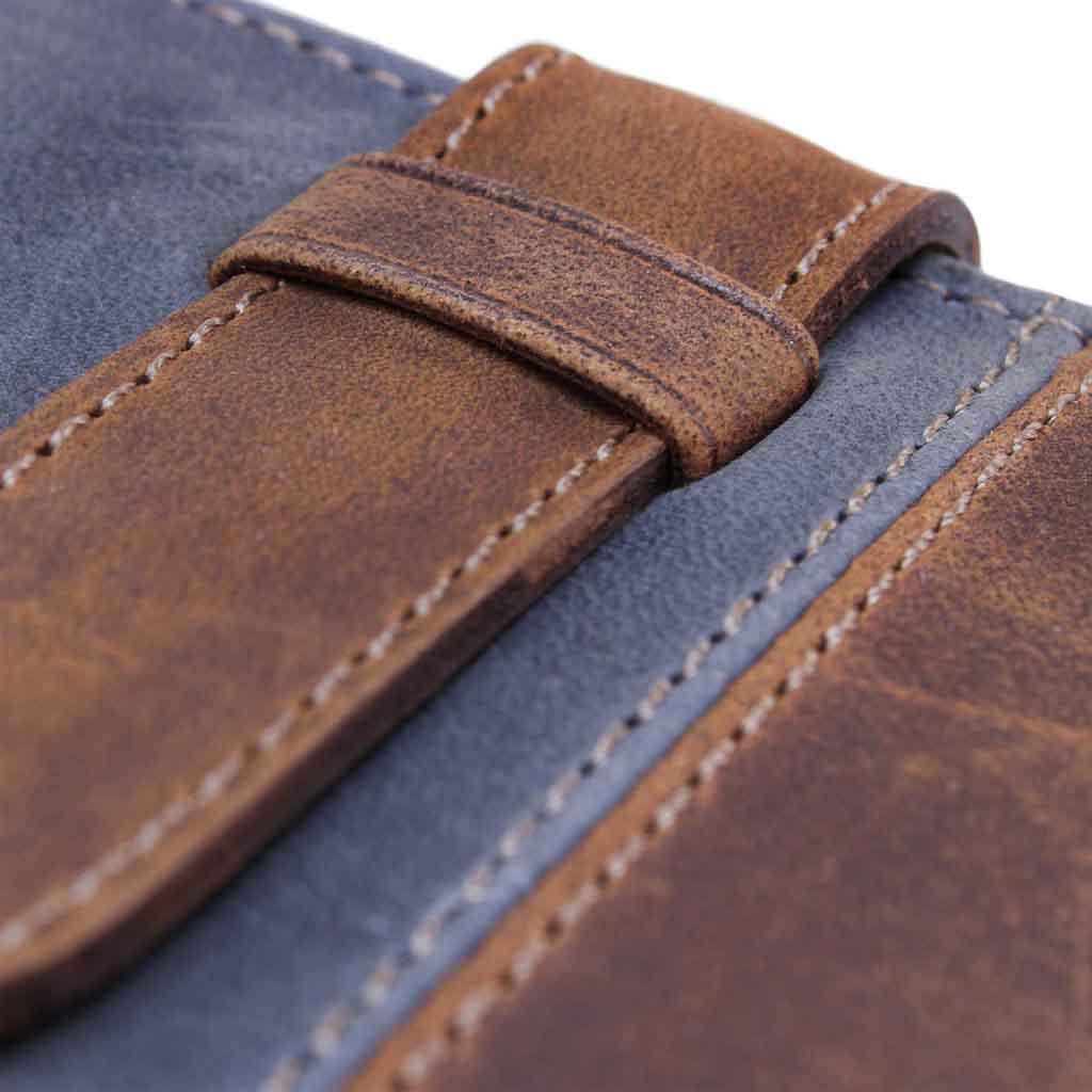 Billetera Hombre Cuero Tarjetero Azul Con Correa