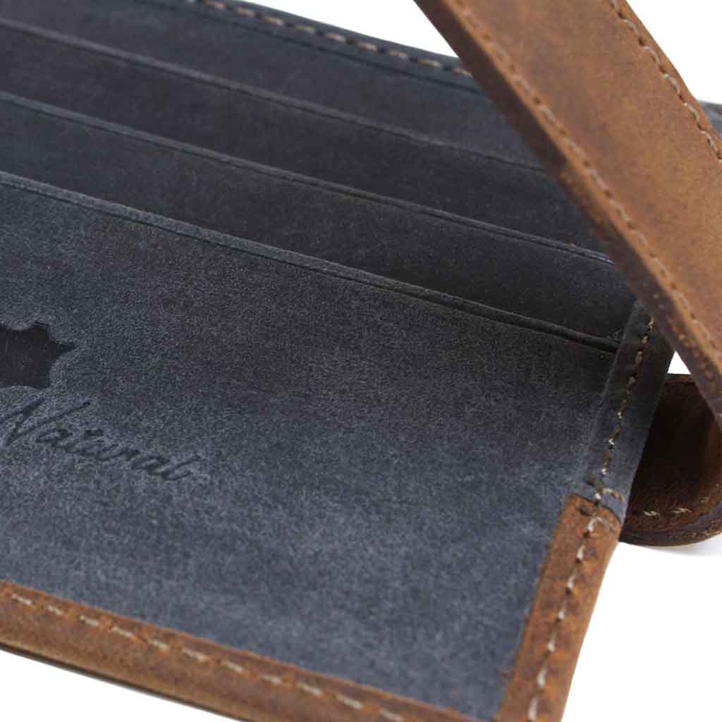 Billetera Hombre Cuero Tarjetero Azul Con Correa