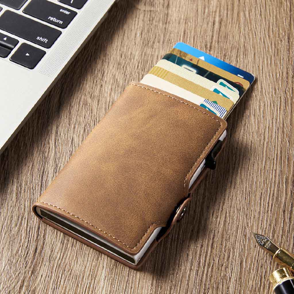 Tarjetero Billetera RIFD de Cuero Café con Broche