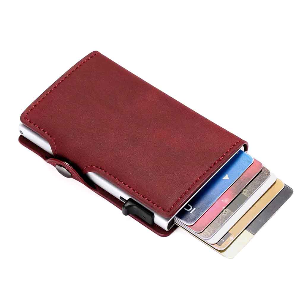 Tarjetero Billetera RIFD de Cuero Burdeos con Broche