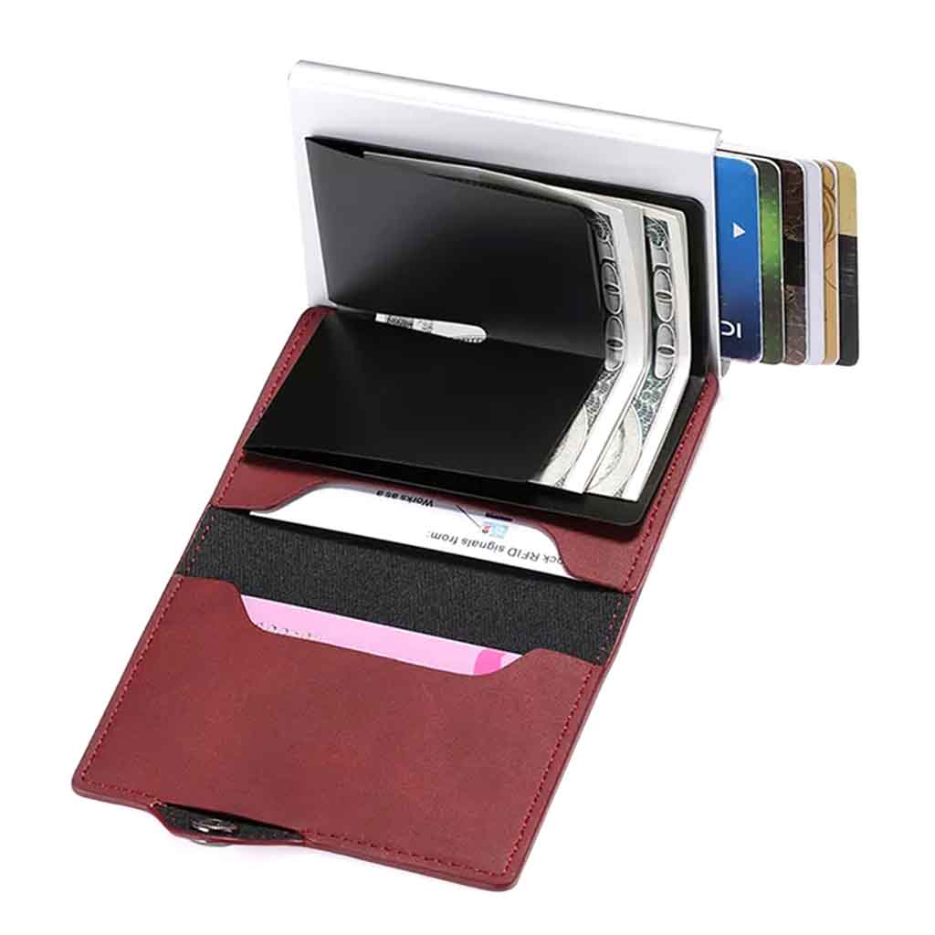 Tarjetero Billetera RIFD de Cuero Burdeos con Broche