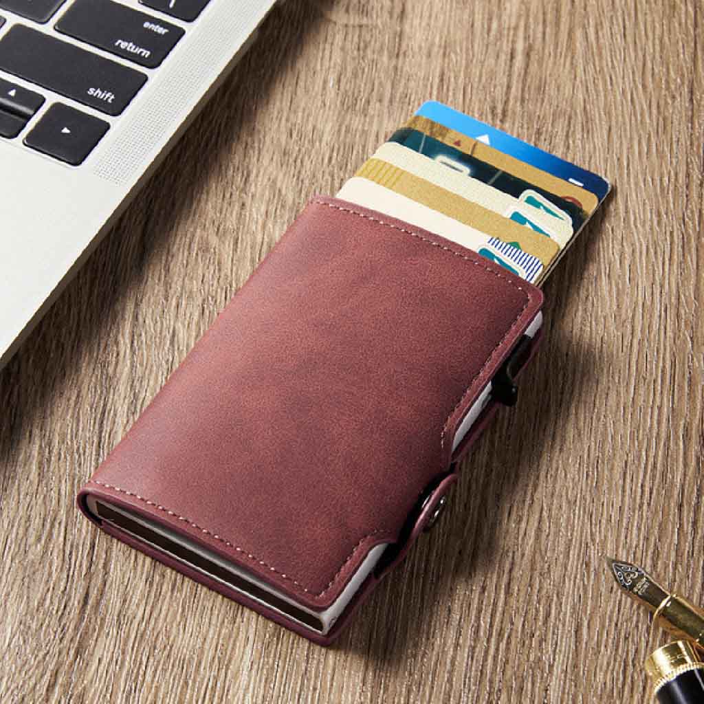 Tarjetero Billetera RIFD de Cuero Burdeos con Broche