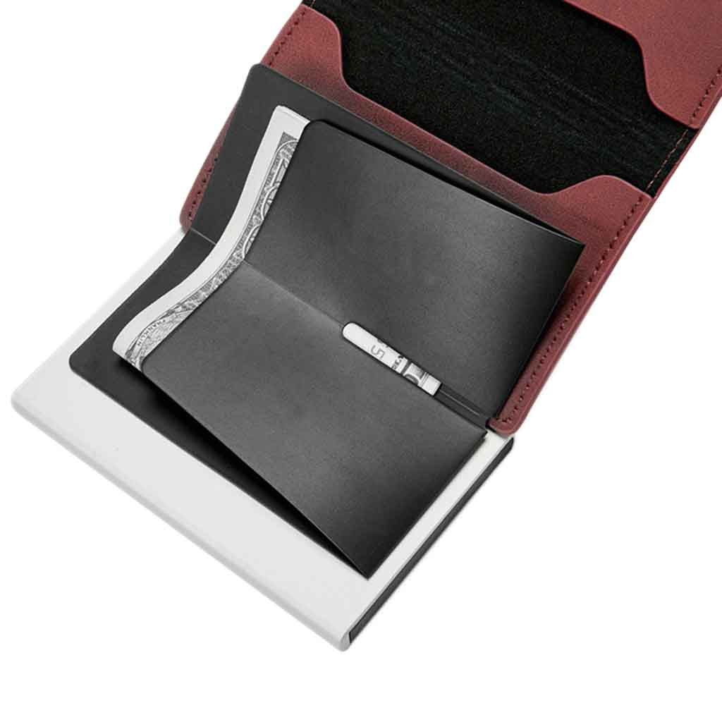 Tarjetero Billetera RIFD de Cuero Burdeos con Broche