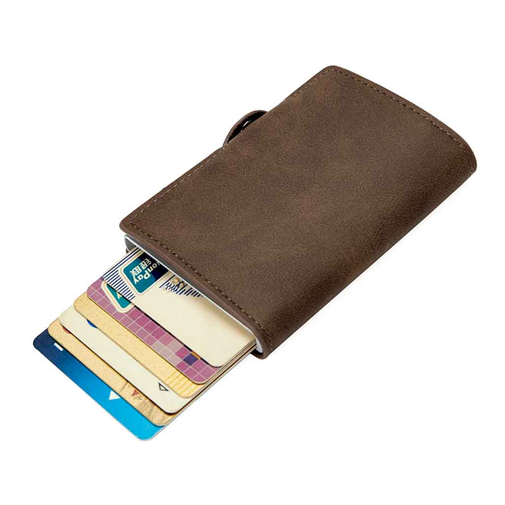 Tarjetero Billetera RIFD de Cuero Marrón con Broche