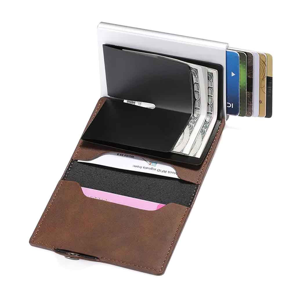 Tarjetero Billetera RIFD de Cuero Marrón con Broche