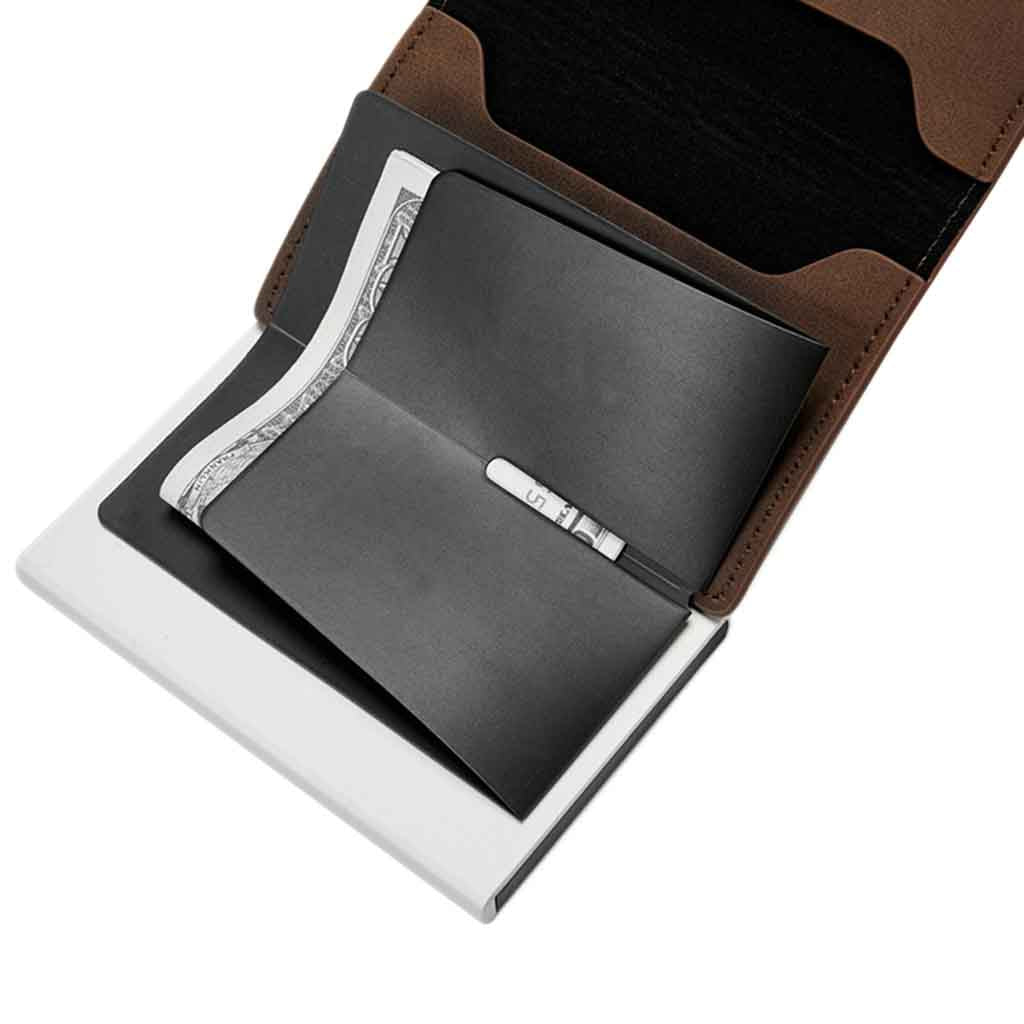 Tarjetero Billetera RIFD de Cuero Marrón con Broche