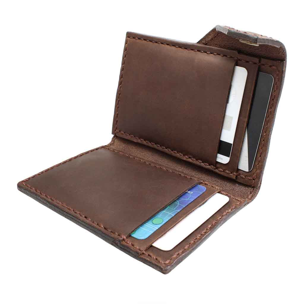 Tarjetero de Cuero Hombre Solapa Broche Marrón