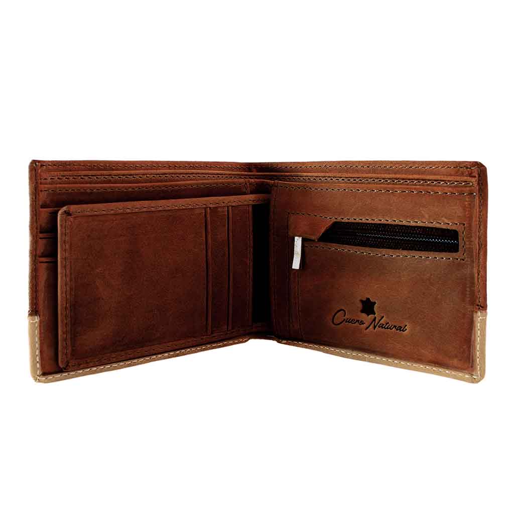 Billetera Monedero Cuero Natural Hombre Café y Beige