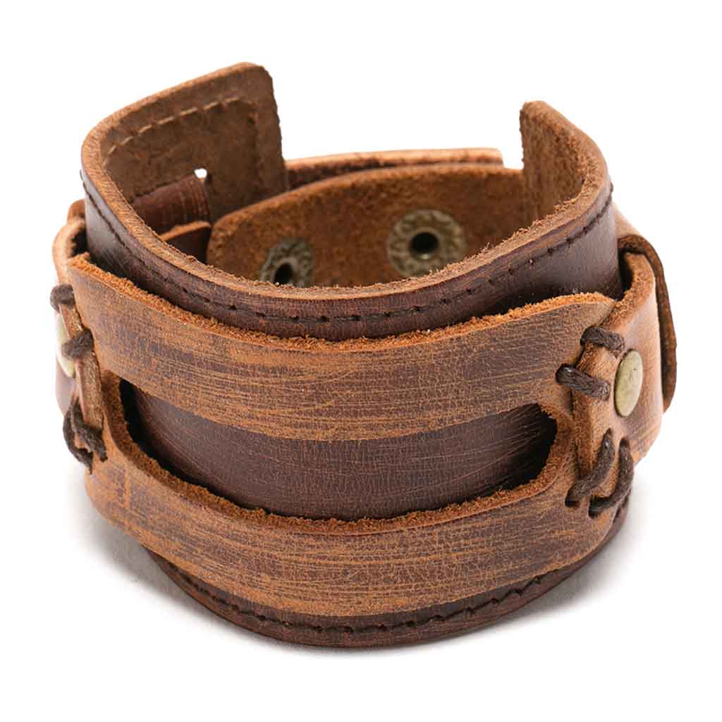 Brazalete Ancho De Cuero Pulsera Café Banda Rock &amp; Roll