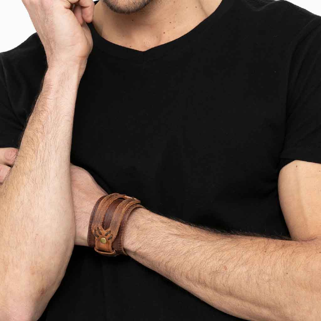 Brazalete Ancho De Cuero Pulsera Café Banda Rock &amp; Roll