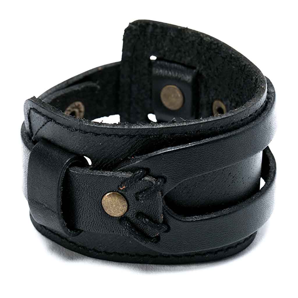 Brazalete Ancho De Cuero Pulsera Negra Banda Rock & Roll