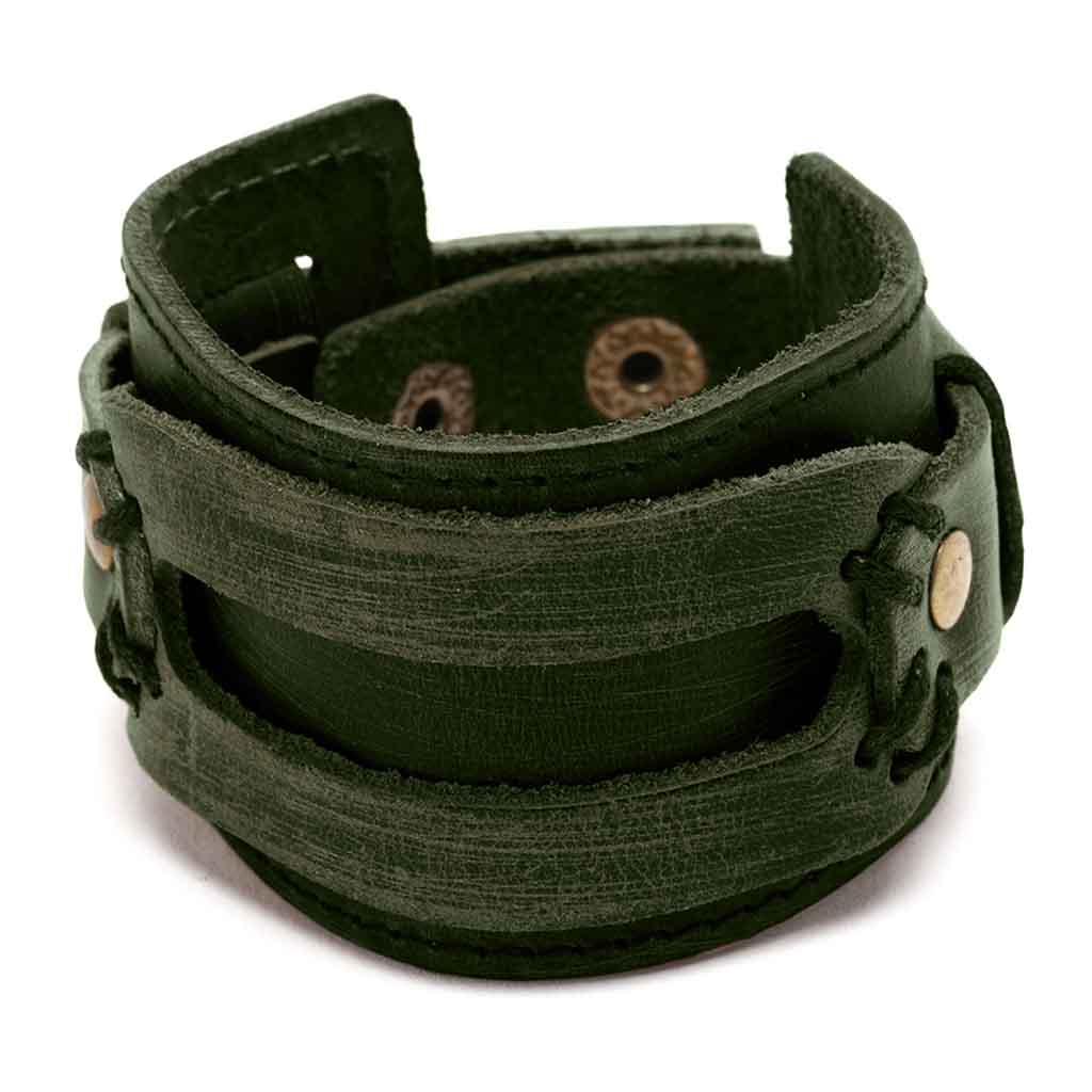 Brazalete Ancho De Cuero Verde Pulsera Banda Rock &amp; Roll
