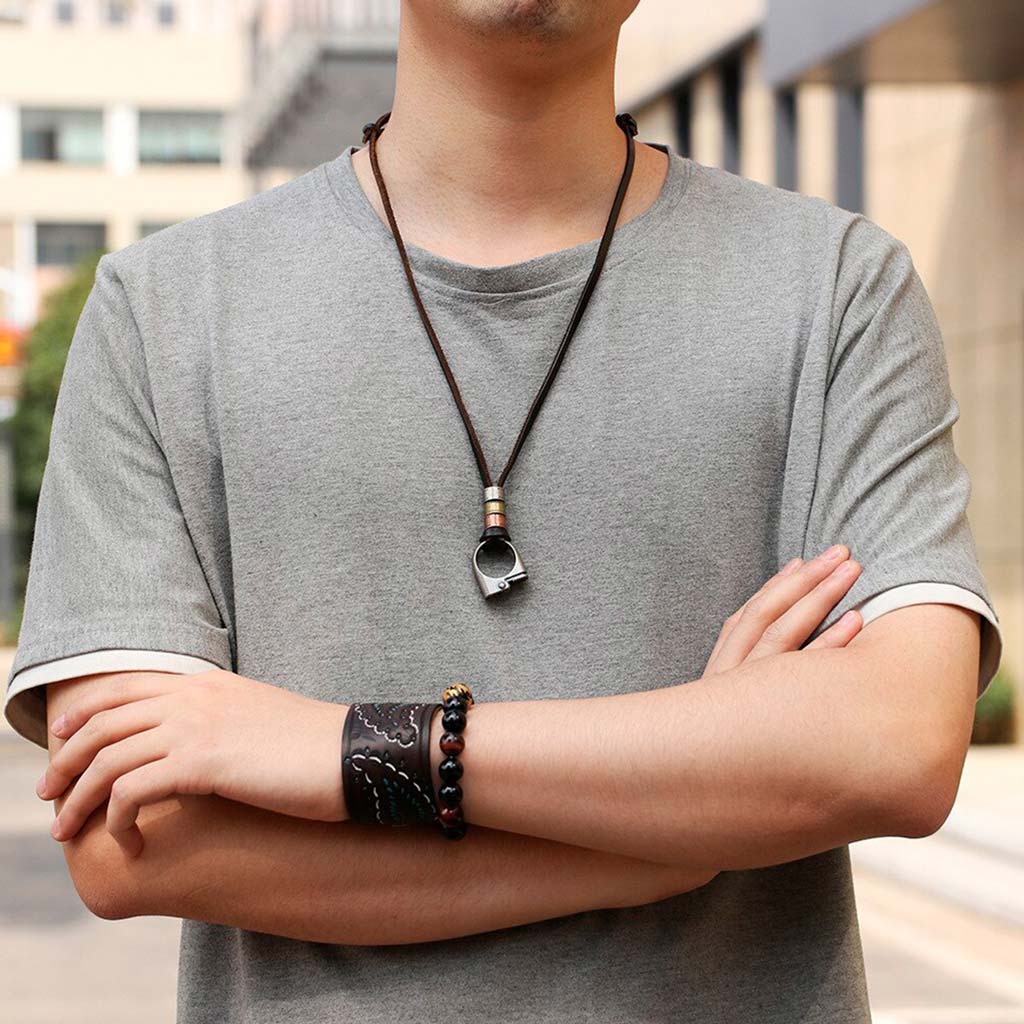 Collar de Cuero Colgantes Dije color Plata Anillo Encendedor