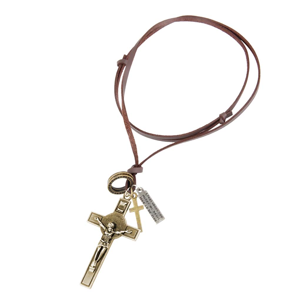 Collar de Cuero Colgantes Crucifijo Cruz Bronce con Dijes