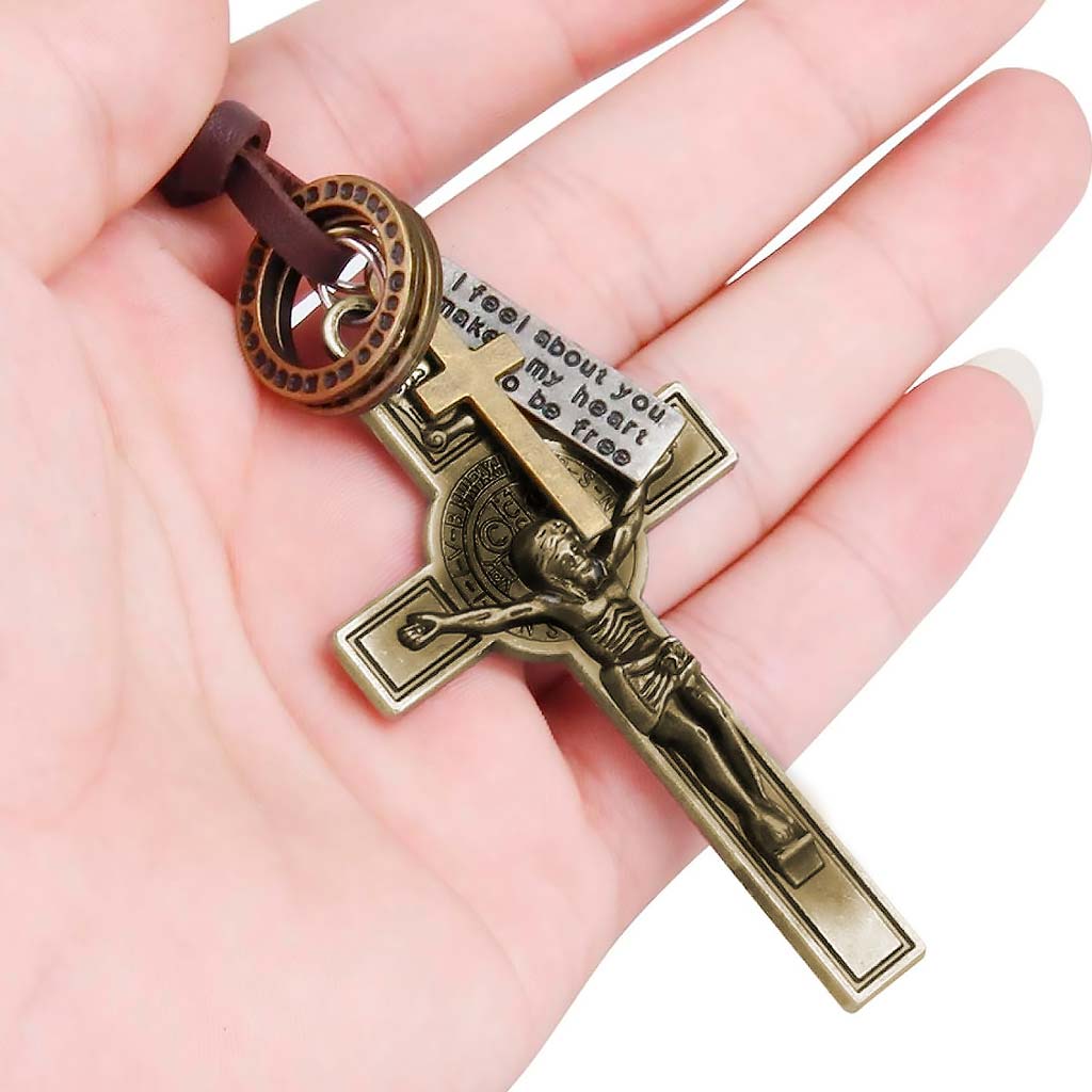 Collar de Cuero Colgantes Crucifijo Cruz Bronce con Dijes