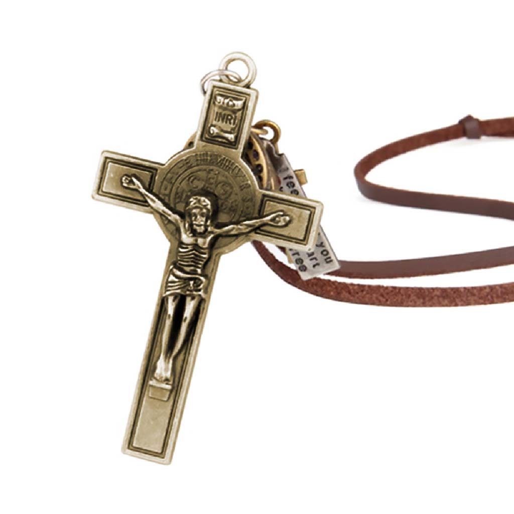Collar de Cuero Colgantes Crucifijo Cruz Bronce con Dijes
