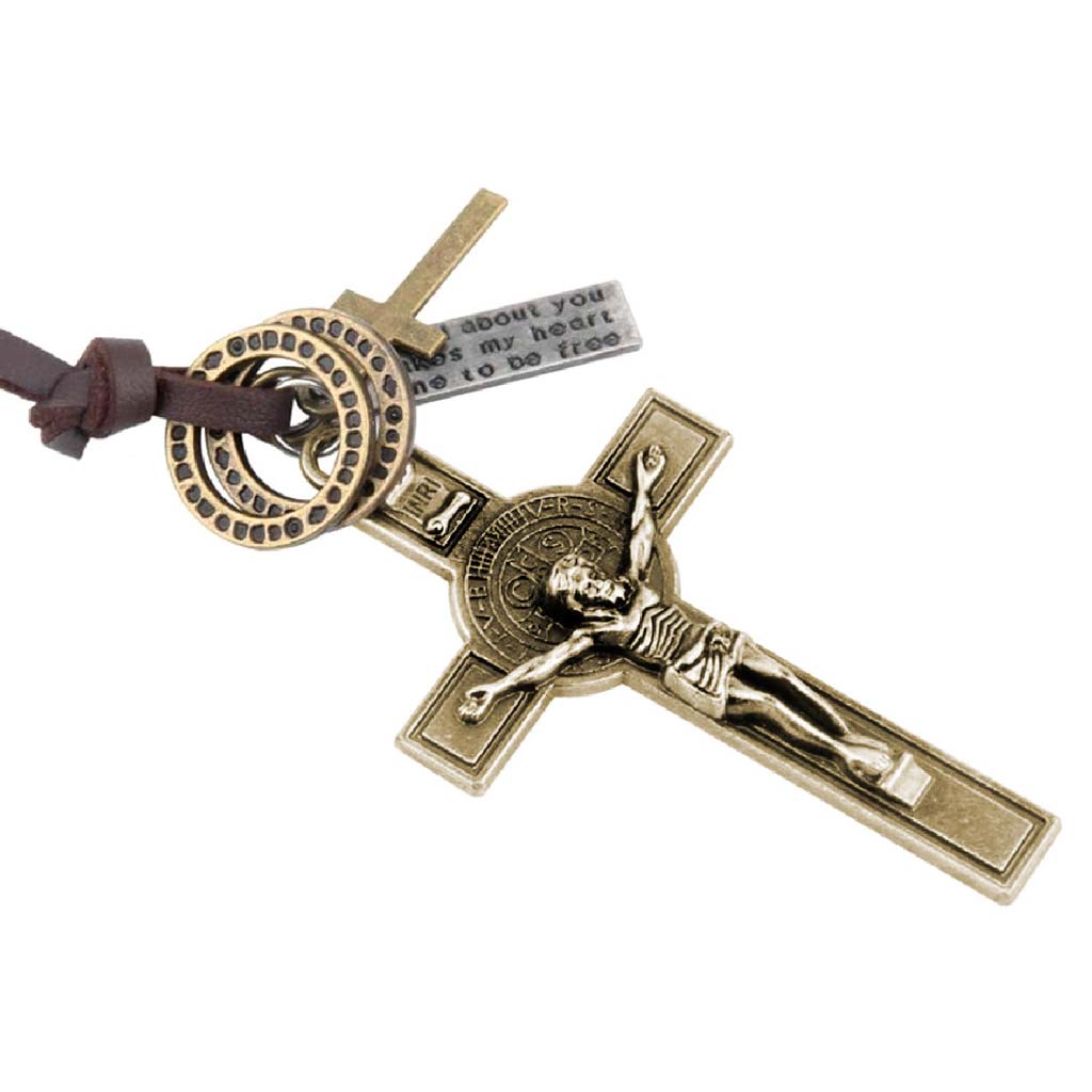 Collar de Cuero Colgantes Crucifijo Cruz Bronce con Dijes
