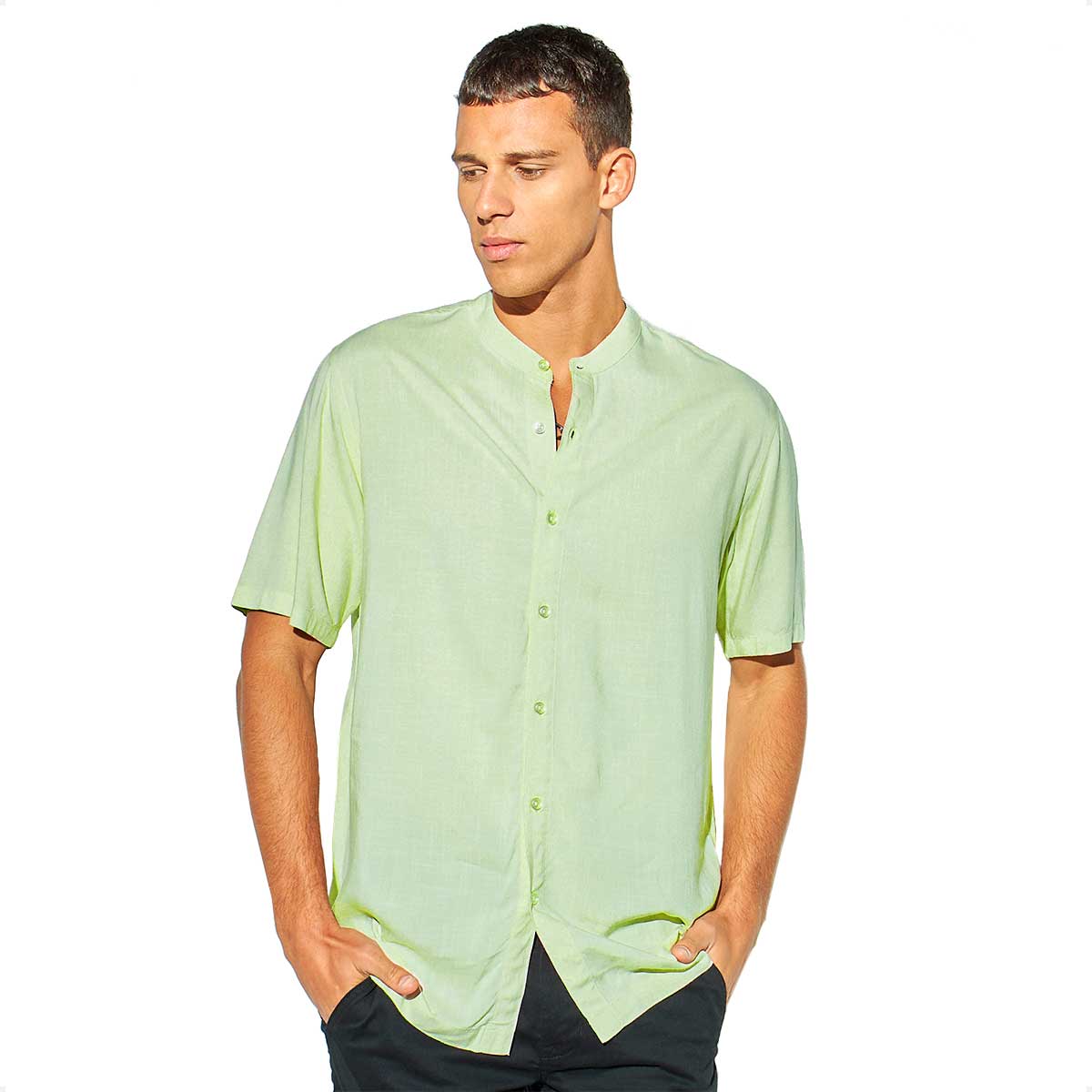 Camisa Hombre de Lino Mao Verde Manga Corta