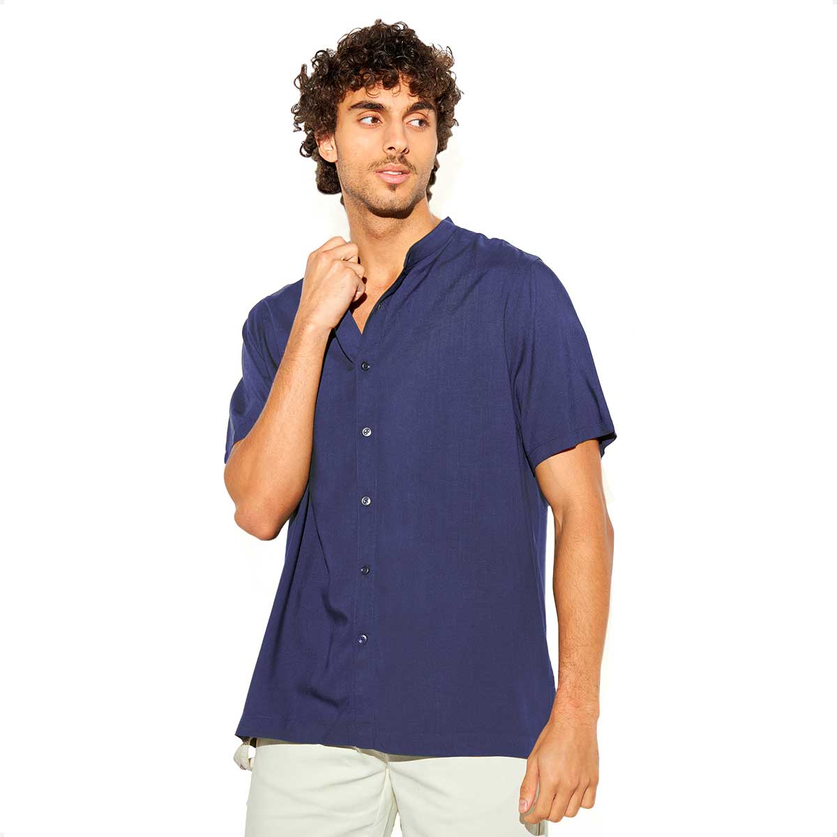 Camisas de Hombre Lino Azul Cuello Mao Manga Corta